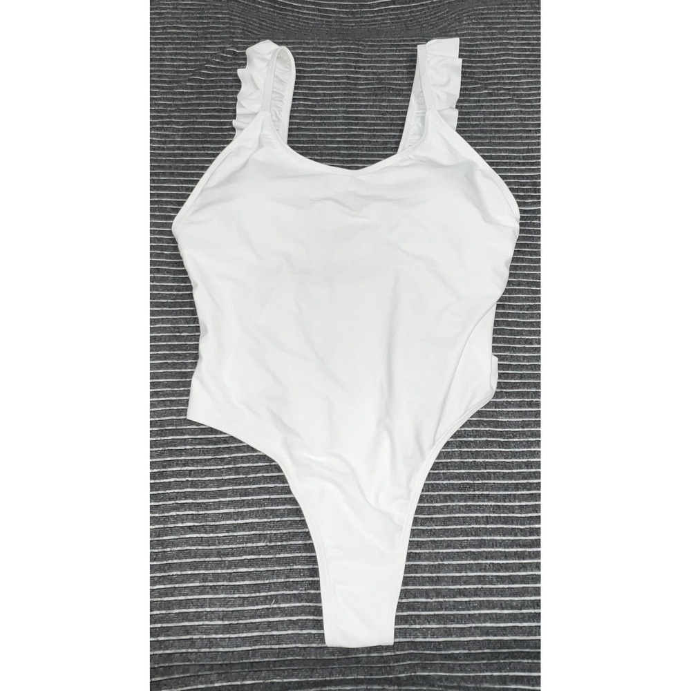 White Ruffle Strap High Cut One Piece Swimsuit Large Scoop Neck Low Back